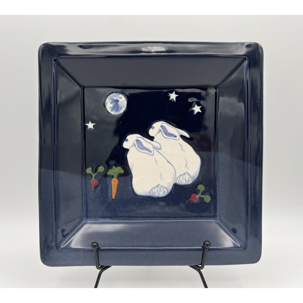 Karen Howell Pottery Legend of the Rabbit Moon 9" Square Plate Dish Blue Bunny